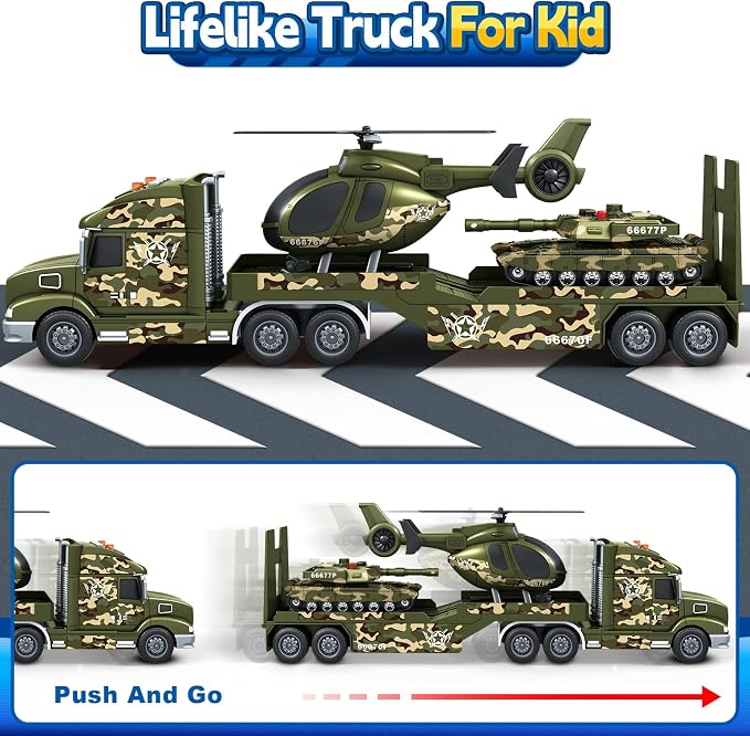 Bstoyder Toddler Boy Toys for 3 4 5 6 7 Years Kids, 27" Semi Army Truck Toy with Helicopters and Tank, Friction Powered Military Toys with Lights and Sounds, Birthday for Boy Girls