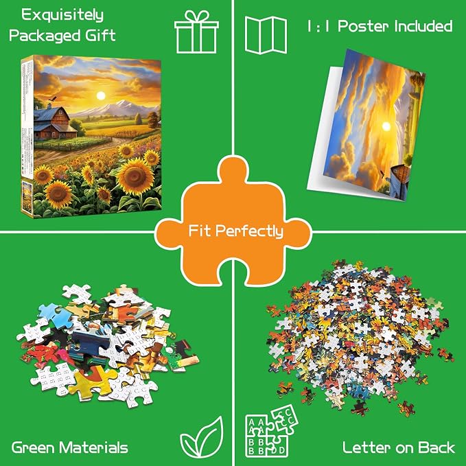Puzzles for Adults 1000 Pieces, Fall Sunflower Puzzle, Challenging Impossible Puzzles – Perfectly Interlocking, No Dust – Home Decoration & Gifts for Friends Parents Father's Day