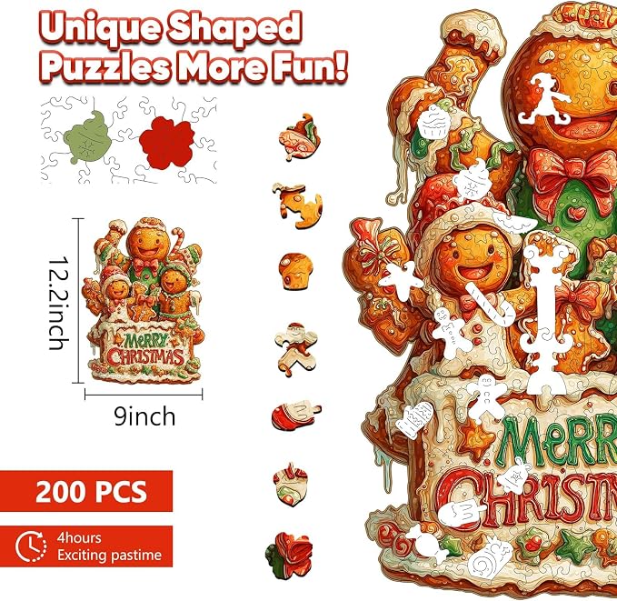 Leodozzio Christmas Wooden Puzzles for Adults & Kids, Gingerbread Family Puzzle 200 Pieces, 5MM Unique Shape Winter Jigsaw Wood Puzzle for Grandkids, Holiday Decoration Gifts, Family Game, 9x12.2 in
