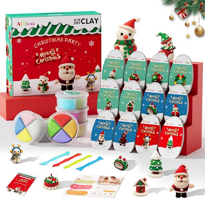 ARTPAR Air Dry Clay Kit for Kids,Christmas Crafts Supplies,12 Boxes Modeling Magic Clay Kit with Sculpting Tools Tutorials,Xmas Snowman Holiday Party Decor Gifts for Boys & Girls Age 3-12 Years