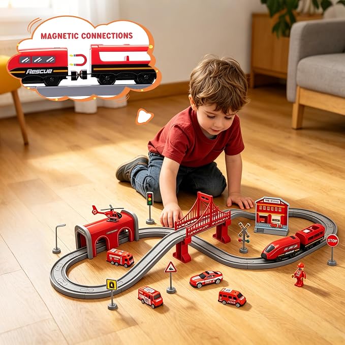 Wdmiya Train Sets for Toddlers, 66 Pcs Trains Toy with Battery Operated & Tracks (Magnetic Connection), Compatible with Thomas, Brio, Christmas Toy Gifts for 3 4 5 6 7 8 Years Old (Fire Engines)