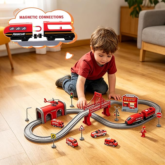 Wdmiya Train Set for Toddlers, 92 Pcs Train Toys for Kids Ages 2-8, Electric Trains Sets with Tracks (Magnetic Connection), Battery Operated Trains Birthday Gift for 2 3 4 5 6 7 (Fire 92 Pcs)