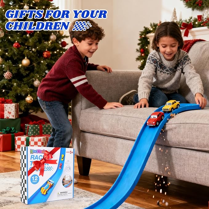 Flex Track 12 Ft Starter Set: Portable Rolls Up Race Tracks for Kids 3+ - DIY Race Car Ramp Track with Suction Cups - Flexible Race Track Compatible with Diecast 1/64th Cars - Birthday Gift for Boys