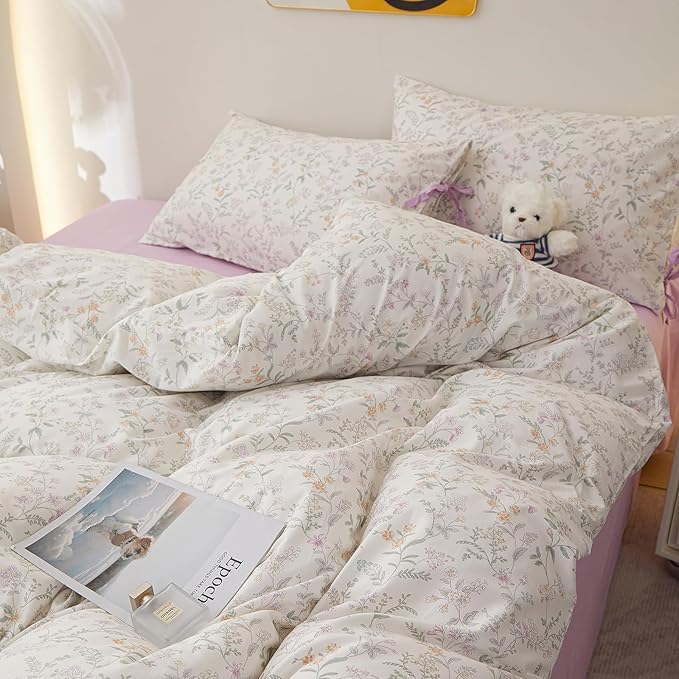 Vintage Floral Comforter Set Queen, Cottagecore Aesthetic Cute Flower Pattern Comforter for All Seasons, Lightweight Coquette Bedding Set Flowers Botanical Comforter with 2 Bow Ties Pillowcases