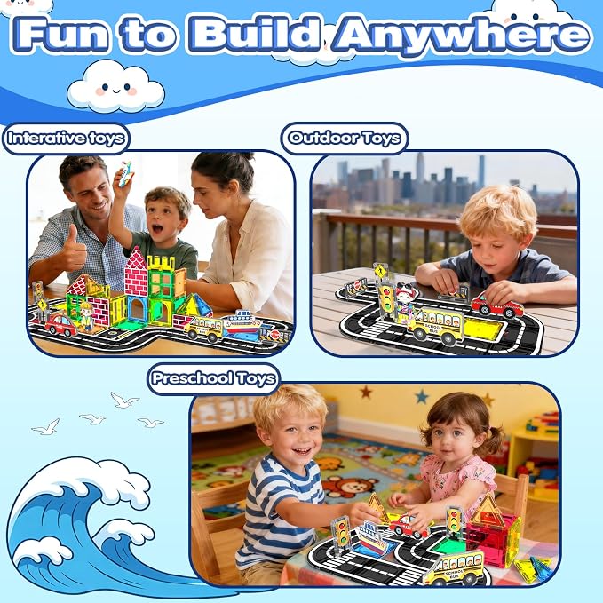 Magnetic Tiles Road Set 100Pcs- Magnetic Building Blocks for Kids Ages 3-5 and 4-8, Preschool STEM Sensory Toys for Toddlers 3-5, Educational Construction Gift for Boys & Girls Birthday Christmas