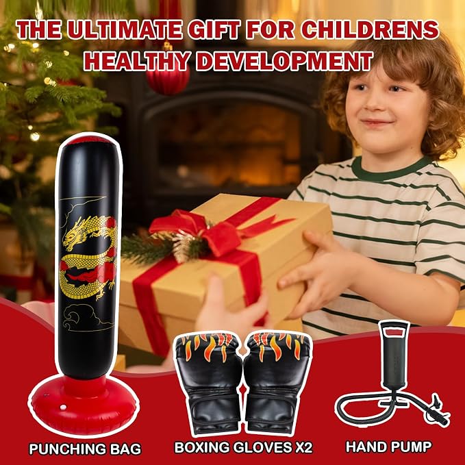 Onirii Kids Inflatable Punching Bag | Large Stable Kids Inflatable Boxing Bag Toy Set with Gloves for Boys & Girls Age 3-12 for Taekwondo,MMA and Practicing Karate