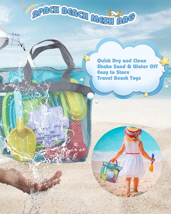 Unistylar Beach Toys, Sand Beach Toys for Toddlers with 3 Collapsible Foldable Sand Bucket and Shovels, Mesh Bag, Castle Animal Molds Sets, Travel Sandbox for Kids Age 3-10