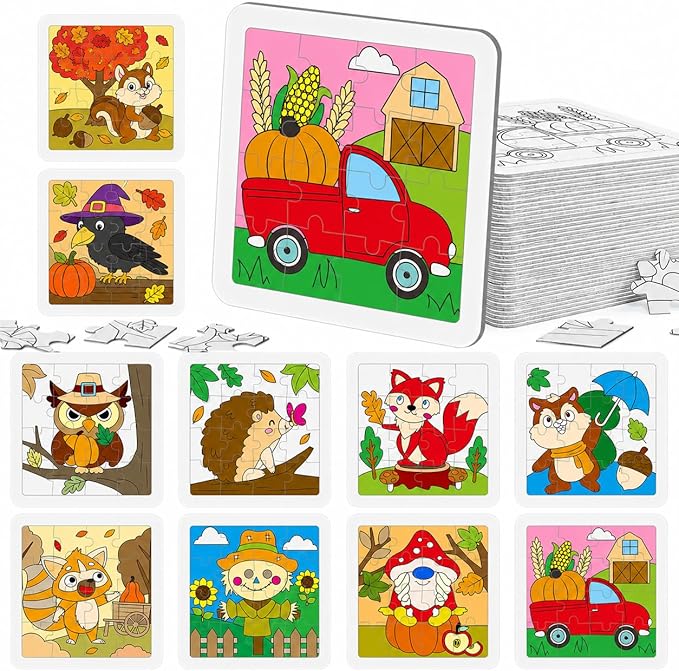 Cinrobiye 24 Set Fall Coloring Jigsaw Craft Kit for Kids, DIY Autumn Activity Set Bulk with Pumpkin Leaf Turkey Owl Designs, Thanksgiving Party Favors, Classroom Art Projects
