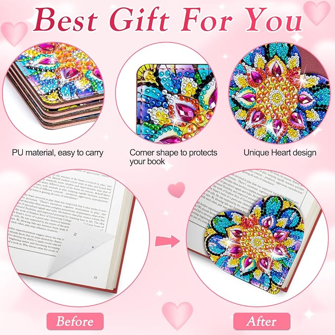 WIVICO 4 pcs Diamond Painting Bookmarks, DIY Diamond Art Kits for Adults, Book Corner - Protecting Bookmark Craft Supplies Kits for Book Lovers(Heart)