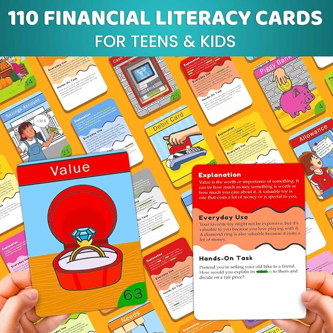 QUOKKA Financial Literacy Flash Cards for Teens – 110 Cards Teaching Kids About Money Management, Budgeting, Savings – Easy Money Games for Kids Ages 12+ – Fun Financial Literacy Games and Learning