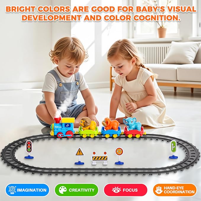 Train Set for Toddlers with Steam, Music, Lights and 3 Animal Cars | Electric train fun meets animal play with music, lights and a playful steam effect.