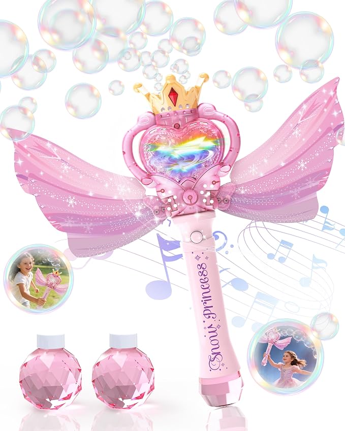 Princess Bubble Wand for Girls, Light Up Musical Fairy Toy with Detachable Wings, Music, Outdoor Birthday Gift for Kids Ages 3-8