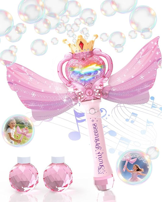 Princess Bubble Wand for Girls, Light Up Musical Fairy Toy with Detachable Wings, Music, Outdoor Birthday Gift for Kids Ages 3-8