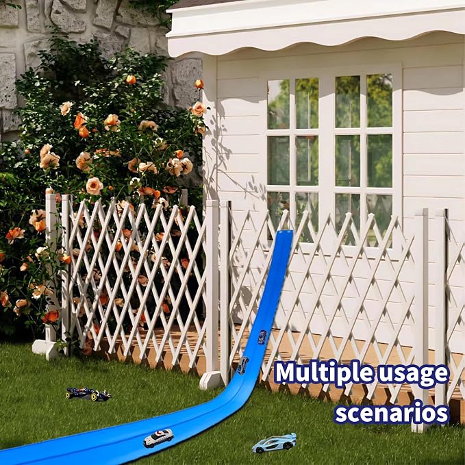 Flex Track 15 Ft Starter Set – Flexible Race Car Ramp Track for Kids, Double-Sided Racetrack for 1:64 Diecast Cars and Similar Toy Cars, Ages 3 & Up with Suction Cups，Blue