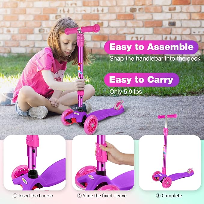 BELEEV Scooters for Kids 3 Wheel Kick Scooter for Toddlers Girls Boys, 4 Adjustable Height, Lean to Steer, Light up Wheels, Extra-Wide Deck, Easy to Assemble for Children Ages 3-12