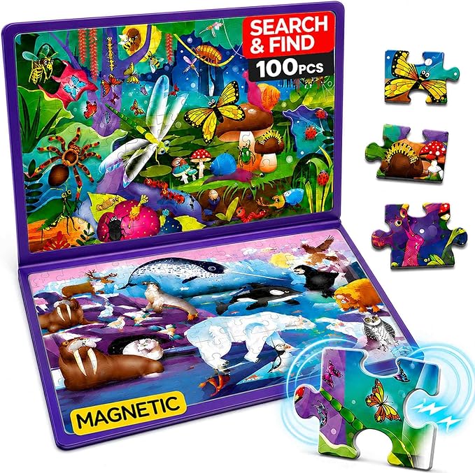 QUOKKA Magnetic Puzzles for Kids Ages 4-6 – 100 PCS Magnetic Puzzle Book for Toddlers 3-5 – 2 Puzzles & 2 Spot The Difference Maps – Search & Find Travel Games – Activity Book Bugs & Polar Animals