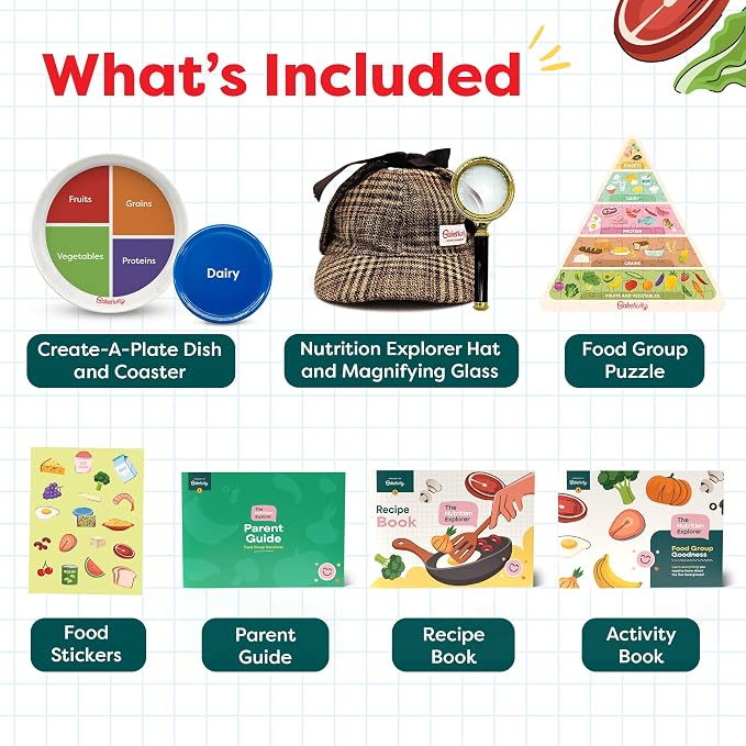 Baketivity Nutrition Explorer Kit – STEM Learning for Kids with Detective Costume, Food Chart Puzzle, Portion Plate, Stickers & Recipe Book