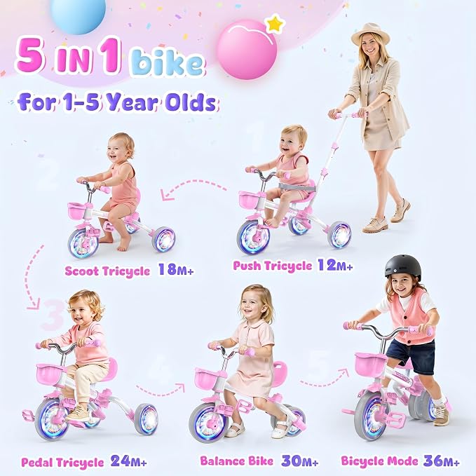 Kkdi 5 in 1 Toddler Bike for 1-5 Year Old, Tricycle with Push Handle, Convertible Baby Balance Bike, Bicycle, Color Light Wheel & Detachable Pedal, 4-Position Seat, Toddler Girl Birthday Gift, Toy