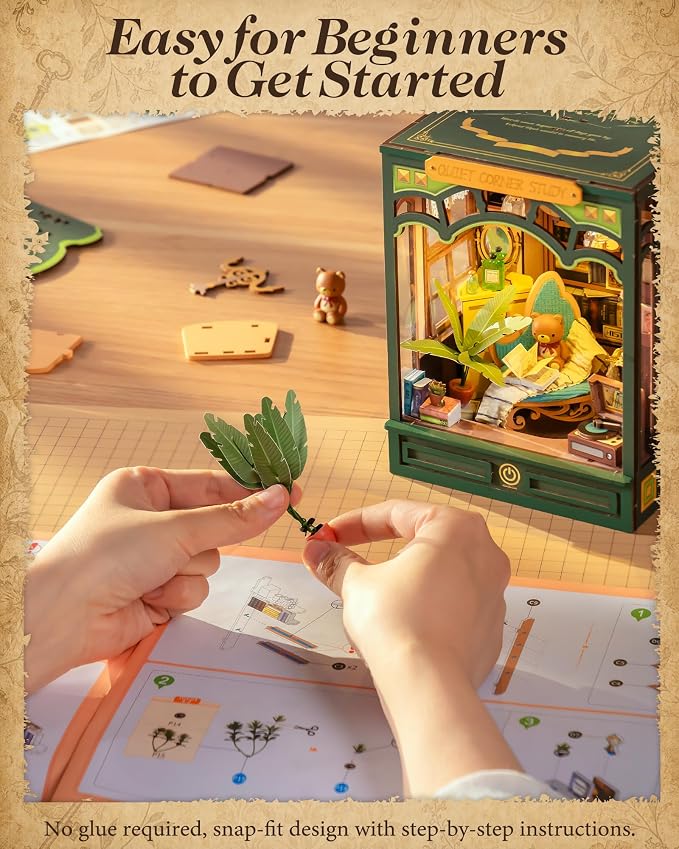 ROBOTIME DIY Miniature House Kit-Quiet Corner Study, Green Dollhouse Book Nook Kit for Adults, Vintage Bookstore Library with LED Bookshelf Insert Decor, Creative Gifts Puzzles for Family Book Lovers