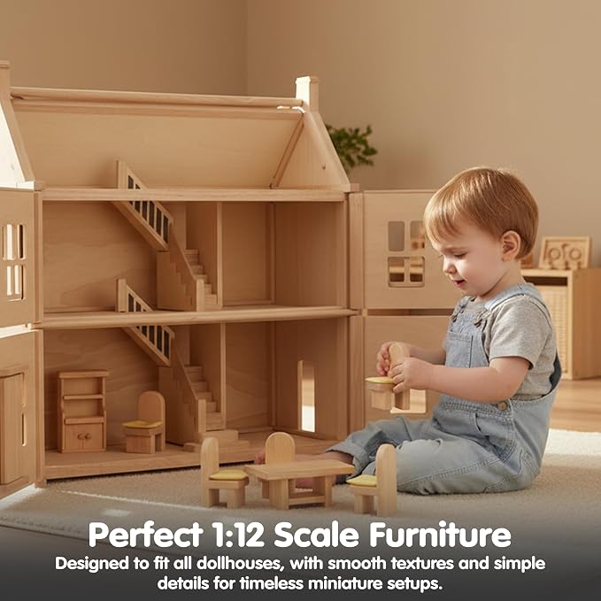 PlanToys® Dining Room Classic Set | Montessori Small World and Family Role Play | Eco Friendly Wooden Dining Room Furniture for Imaginative Play