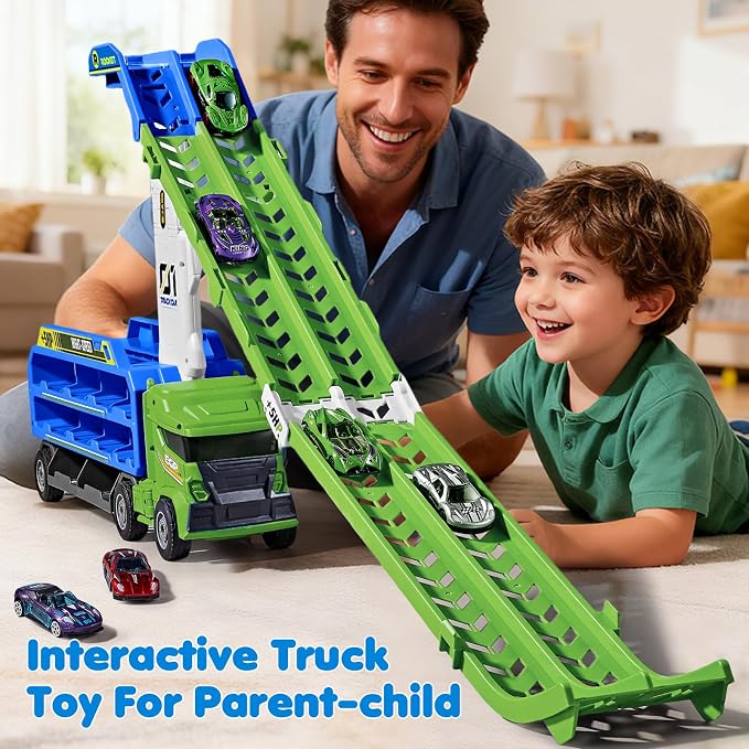 Race Track Truck Toys for 3 4 5 6 Years Old Kids - Carrier Truck Transport Car with 6 Die-Cast Cars Toys, 4-in-1 Truck with 2 Foldable Race Tracks, Christmas Birthday Gifts Toy for Toddler Boys, Cyan