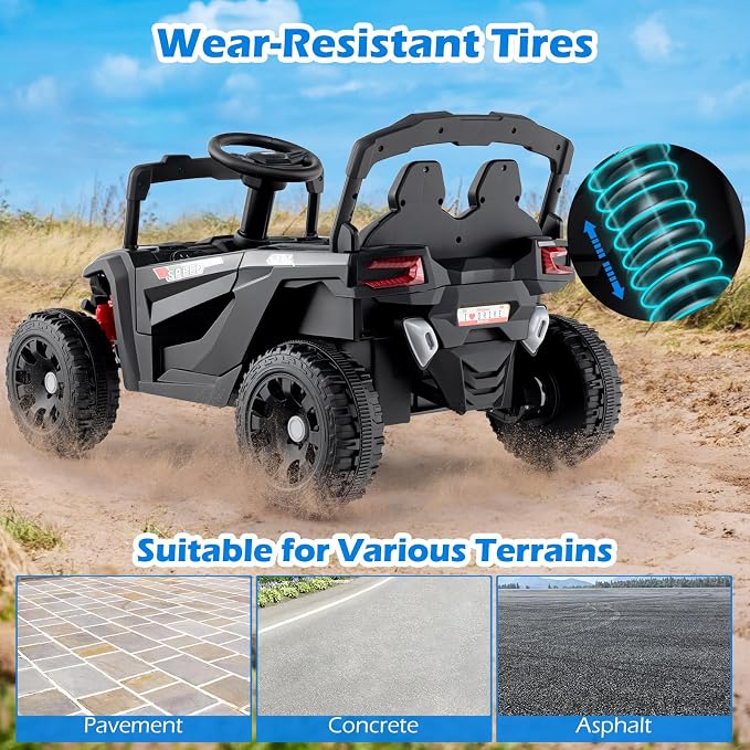 Costzon 12V Kids UTV Ride On Car, Battery Powered Electric Vehicle with Remote Control, 3 Speeds, LED Lights, Music, Horn & Spring Suspension, Off-Road UTV for Boys & Girls 3+ Years Old (Black)