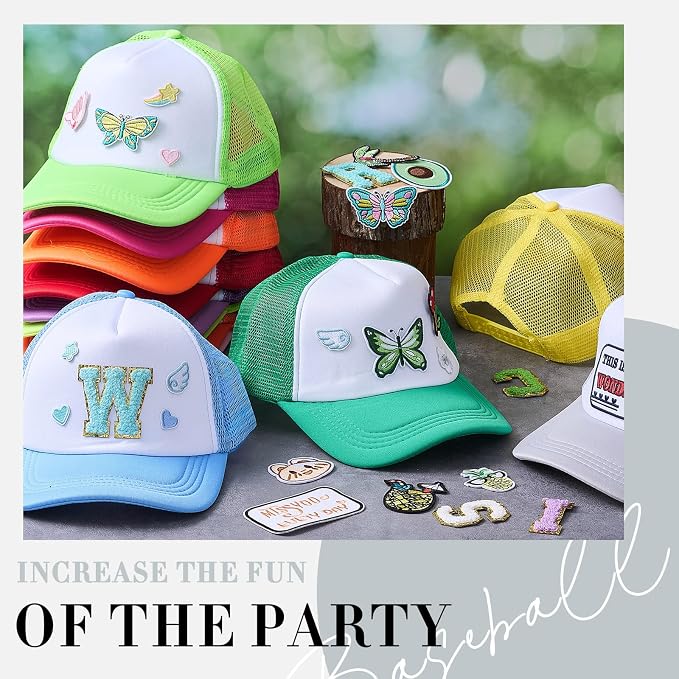 Hercicy 12 Pack DIY Trucker Hats Kit, Sublimation Blank Baseball Caps with 120 pcs Embroidered Patches DIY Craft for Party (Classic,Colorful)