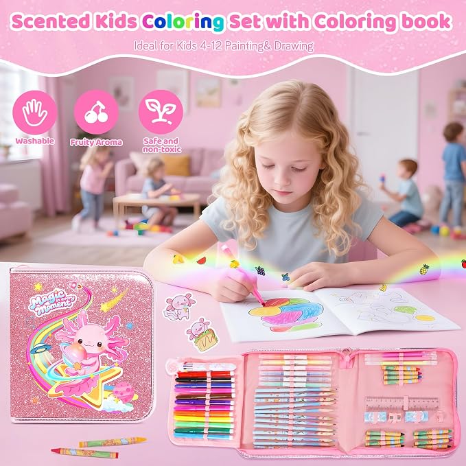 MAIGOZON Axolotl Gifts for Girls - 72 PCS Scented Markers Art Set for Kids Ages 4-8, Coloring Kit with Glitter Case, Mermaid Coloring Book & Quick-Dry Gel Pens, Birthday Christmas Gift