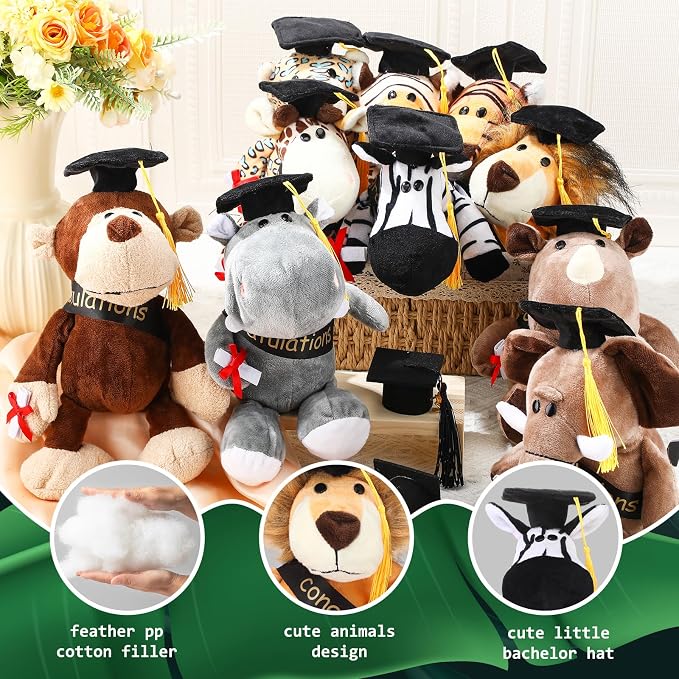 HyDren 10 Pieces 9 Inches Graduation Safari Stuffed Animals Set Plush Safari Stuffed Animal Elephant Giraffe Lion Tiger Monkey Rhinoceros Zebra Leopard Hippo for 2026 Graduation Party Favors Gifts