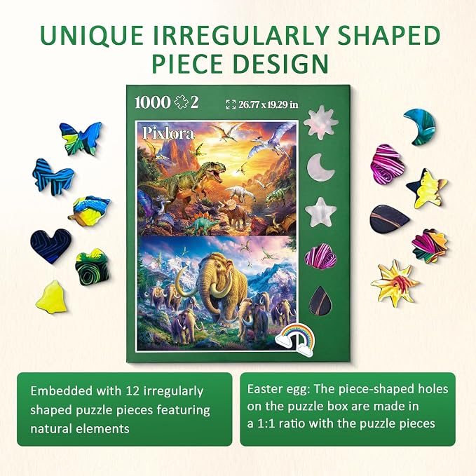 Jigsaw Puzzle 1000 Pieces Adult, 2 Pack, Unique Shape Nature Series Puzzle, Dinosaures and Mammoths Theme, Challenging Puzzles for Game Night, Highly Interactive Family Games for Adults