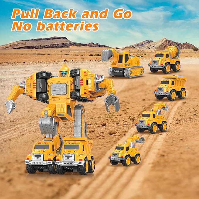 Toys for 3 4 5 6 Year Old Boys– 5-in-1 Detachable Construction Vehicles Set–Transform Robot Kids Toys Cars– Easy DIY Toys for Ages 5+ – Gifts for Boys Girls Birthday Christmas Easter
