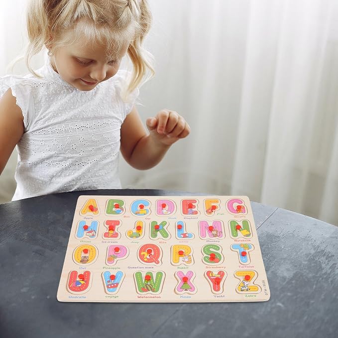 Alphabet Puzzle Wooden Puzzles for Toddlers 3+ Year Old, ABC Puzzle Shape Alphabet Learning Puzzles Toys with Puzzle Board & Letter Blocks, Preschool Education Puzzle for Girls and Boys, Large