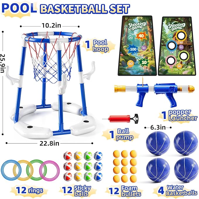 NIPLOOOW Pool Basketball Hoop, 4-in-1 Floating Pool Toys Ring Game with 4 Balls, Air Pump Launcher and Sticky Balls, Outdoor Swimming Pool Basketball Game Water Toy Family Party for Kids Age 3-12