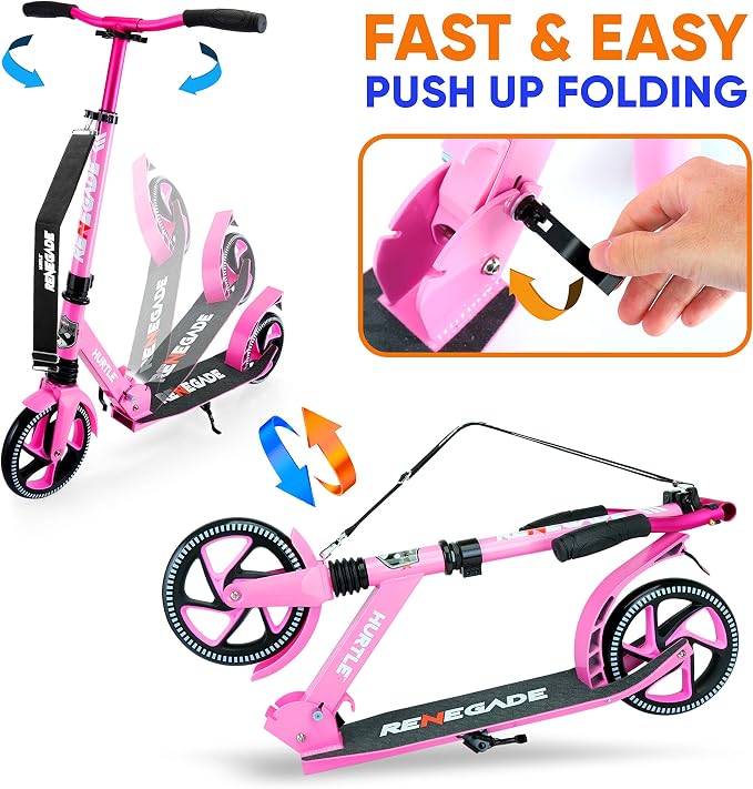 Hurtle Renegade Kick Scooter for Kids, Teenagers & Adults - 2-Wheel Folding Scooter with Adjustable T-Bar Handlebar - Alloy Anti-Slip Deck