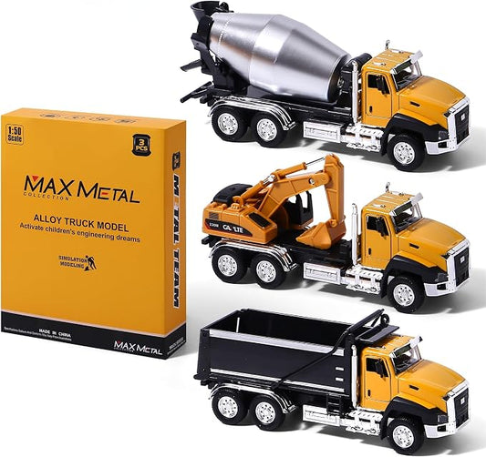 AIUAZA 1/50 Ratio die-Casting Engineering Construction Vehicle, Dump Truck, Excavator, Mixer, Alloy Collection Model car, Boy's Door Opening Pull Back car Toy (3pcs per Set)