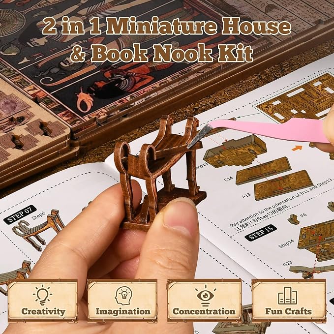 fifijoy Book Nook Kit - DIY Miniature House Dollhouse Kit for Adults and Teens, 3D Wooden Puzzle Booknook Build Bookshelf Decor with LED Light, Gifts for Family and Friends (Egyptian Pharaoh's Tomb)