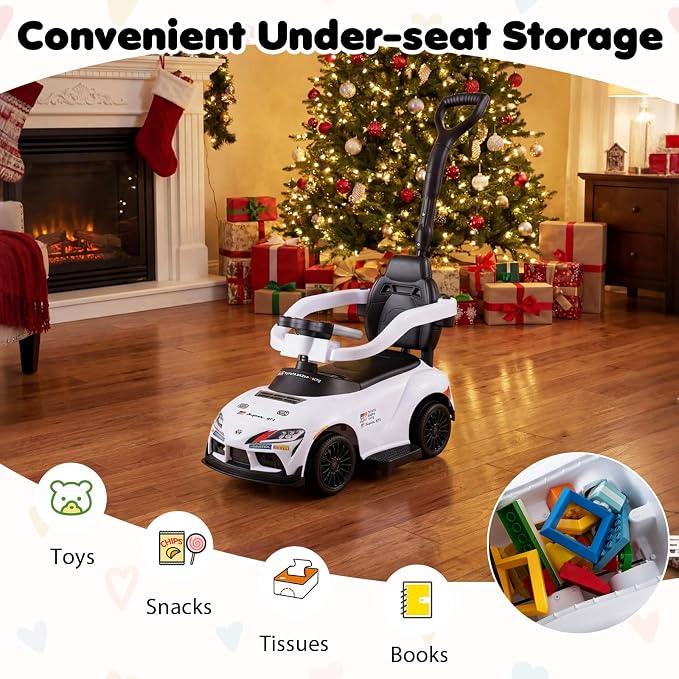 Costzon Push Car for Toddlers, 3 in 1 Toyota Licensed Stroller Sliding Walking Car w/Handle, Music, Safety Guardrail, Under-Seat Storage, Foot-to-Floor Kids Ride On Toys for Boys Girls (White)