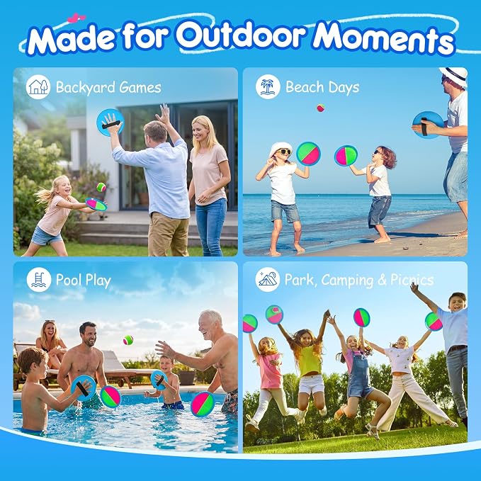 EVERICH Upgraded Toss and Catch Ball Game Set - Indoor and Outdoor Games for Kids 3-12, Beach Sand Pool Water Toy Includes 2 Paddles 2 Sticky Balls, Great Birthday Easter Gifts for Boys Girls