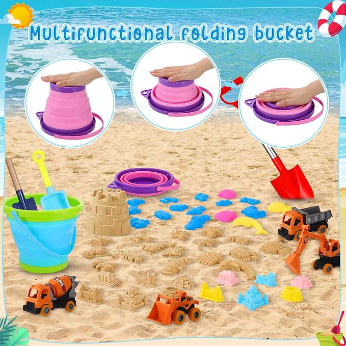 Beach Toys, 36 Pcs Sand Toys with 4 Construction Vehicles, 2 Collapsible Beach Bucket,1 Castle Buckets, Sand Castle Building Kit, Sand Molds, Shovel Set for Kids Boys Girls Age 3+