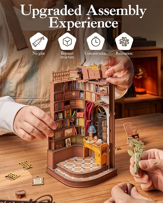 ROBOTIME DIY Miniature Dollhouse Kit, Mini House Book Nook Kits Bookshelf Decor, Vintage Bookstore with Led Light, 3D Wooden Puzzle Gifts for Adults Book Lovers Family Friends (Silent Corner Study)