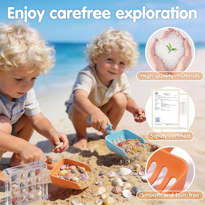 2 Pack Beach Sand Sifter with Seashell Bags & Shell Display Case, Beach Toys for Kids Beach Seashell Collecting, Seashell Beach Shovels for Boys and Girls