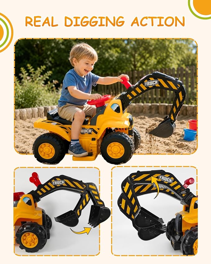 Kids Excavator Ride On Toy, 6V Electric Ride On Excavator for Ages 2+ with Rechargeable Battery, Sounds, Storage, Toy Hard Hat and 3 Rocks