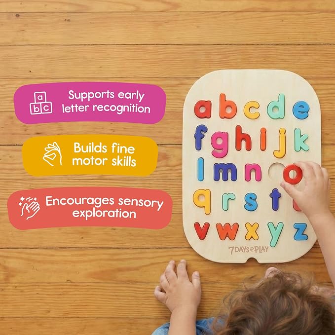 7 Days of Play Lowercase Alphabet Puzzle for Kids, Sensory Bin Insert for Sensory Tables, Silicone Letters, Wooden Fine Motor Learning Toy