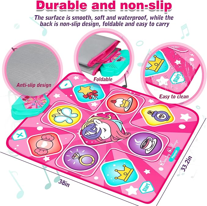Kusntin Dance Mat, Dance Mixer Rhythm Step Play Mat, Pink Dance Pad with LED Lights, Adjustable Volume, Built-in Music, 5 Game Modes, Xmas Birthday Gifts for 3-10 Years Girls Toys (Multicolor)
