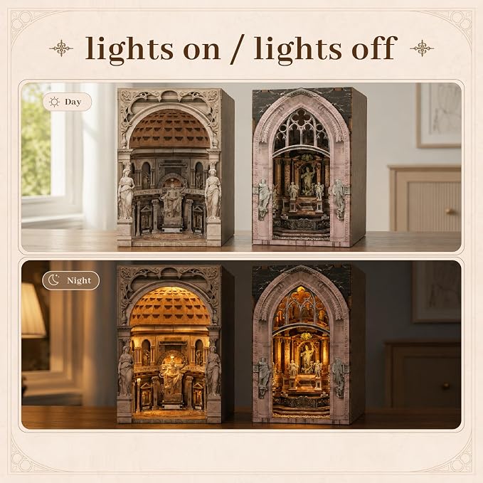 2 Pack DIY Book Nook Kit, Pantheon & Duomo di Milano Architecture Miniature with LED Light & Dust Cover, Dynamic Moving Light Effect, Easy Assembly Wooden Craft for Adults Bookshelf Decor