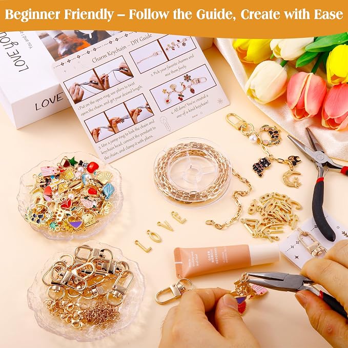 TOHONGADON 285 Pcs Keychain Making Kit, Bag Charm Kit with 92 Charms, 22 Keychain Clips, Key Ring Jewelry Plier, Extender Chain, Letter Beads for DIY Crafting and Jewelry Making