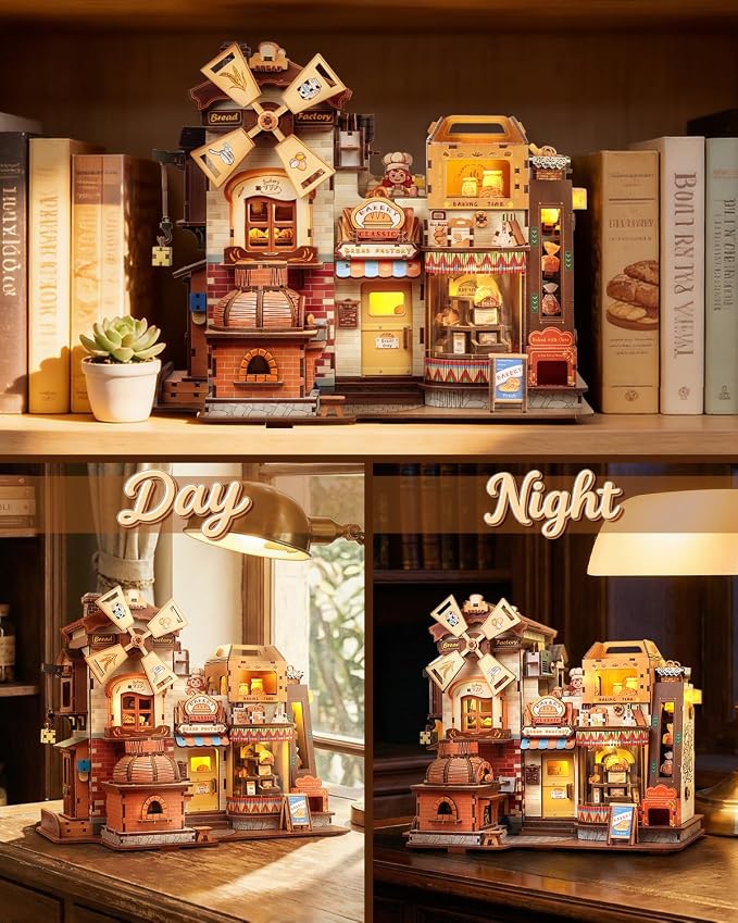 CUTEBEE 3D Wooden Model Building Kit Music Box - DIY Diorama Kit with LED Light, Music, Atomization Smoke, Type-C Power & 360° Rotating Display, Home Decor, Gifts for Teens & Adults (Bread Factory)