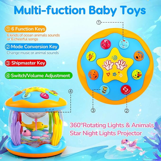 Baby Toys 0-6 Months Ocean Rotating Projector Musical Light Up Tummy Time Toys for Infants 0-3 4 5 6 7 8 9 Months Baby Aquarium Crawling Toys 6-12 Month Boys Girls 1 2 Year Old Birthday Shower Gifts