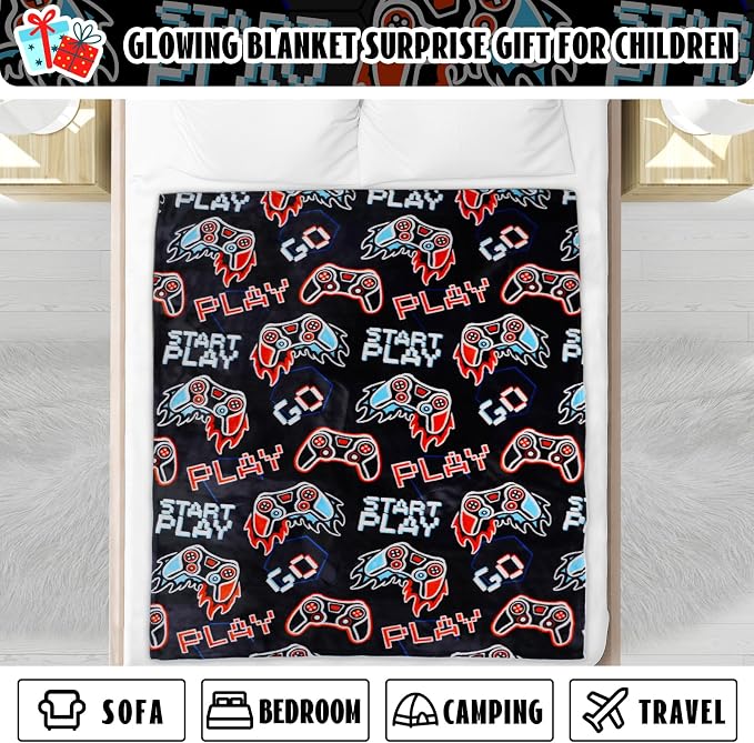 ORDM Glow in The Dark Blanket Boys Gaming Controller Throw Blanket Game Controller Easter Gifts for Boys Toys Age 1-15 Years Old Birthday Gifts Room Decor Luminous Blanket