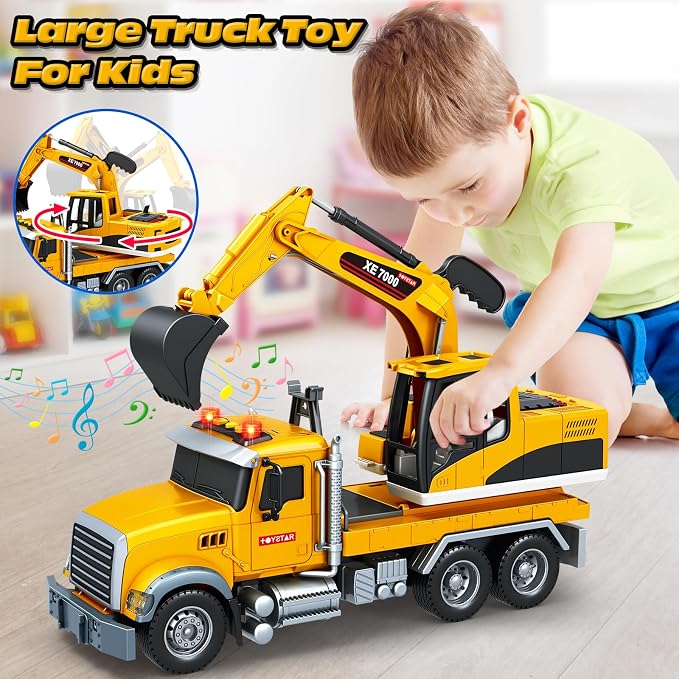 Bstoyder Kids Toys for 3 4 5 6 7 8 Years Old Boys, 15" Excavator Truck Toy with Lights, Sounds, Toddler Friction Powered Truck Vehicle Toy for Boys Girls Birthday Gifts